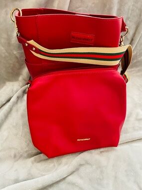 Montana West Red Tote with Removable Striped Strap and Matching Pouch